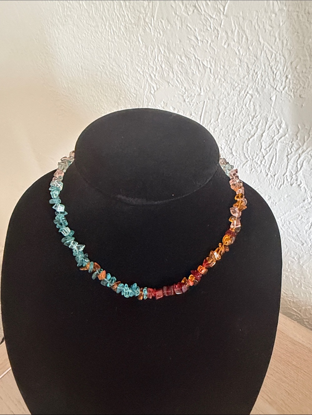 Multi-Color Glass Chip Necklace - Turquoise & Amber Tones 16 inch choker